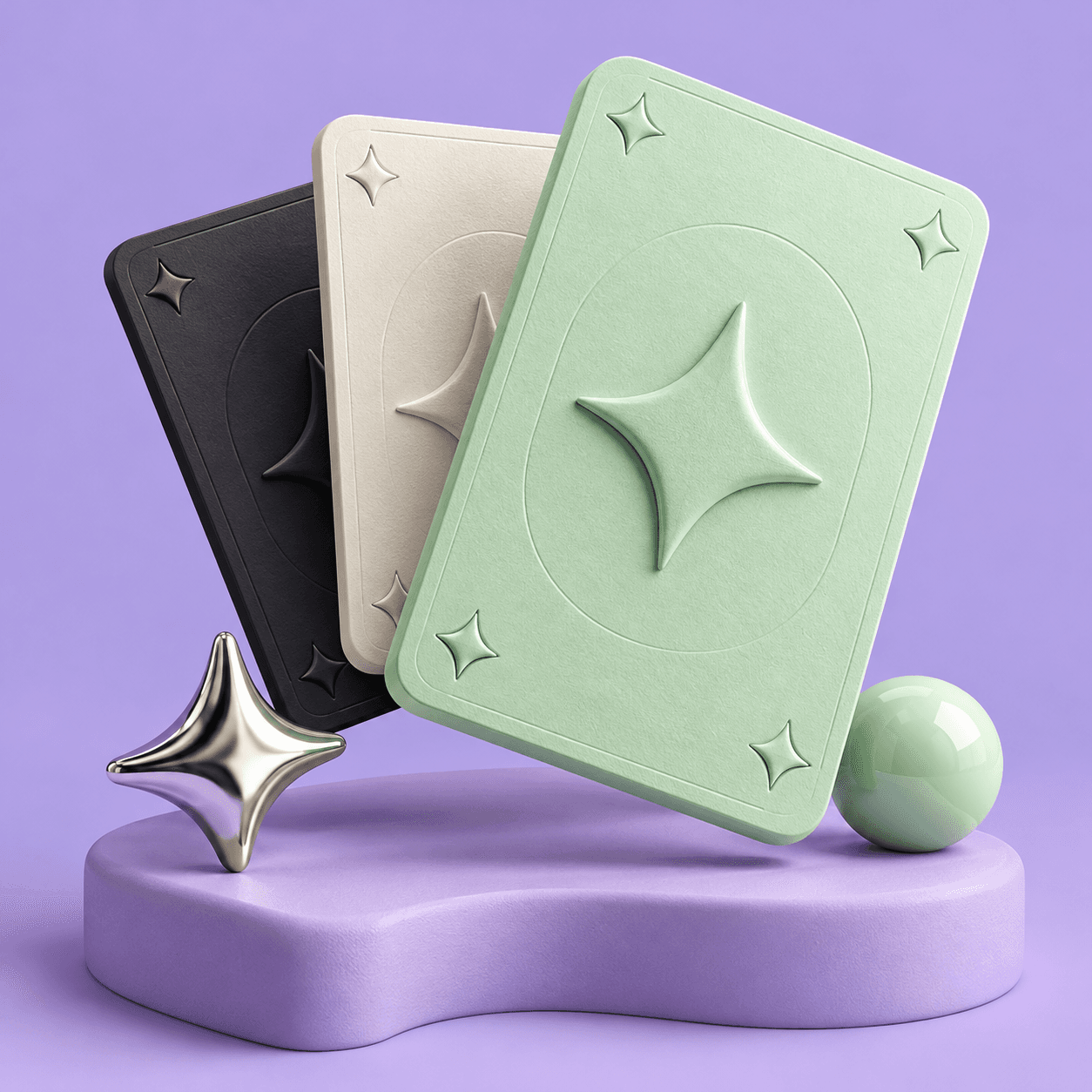 Sculptural mint, cream and charcoal cards with embossed stars on a lavender platform